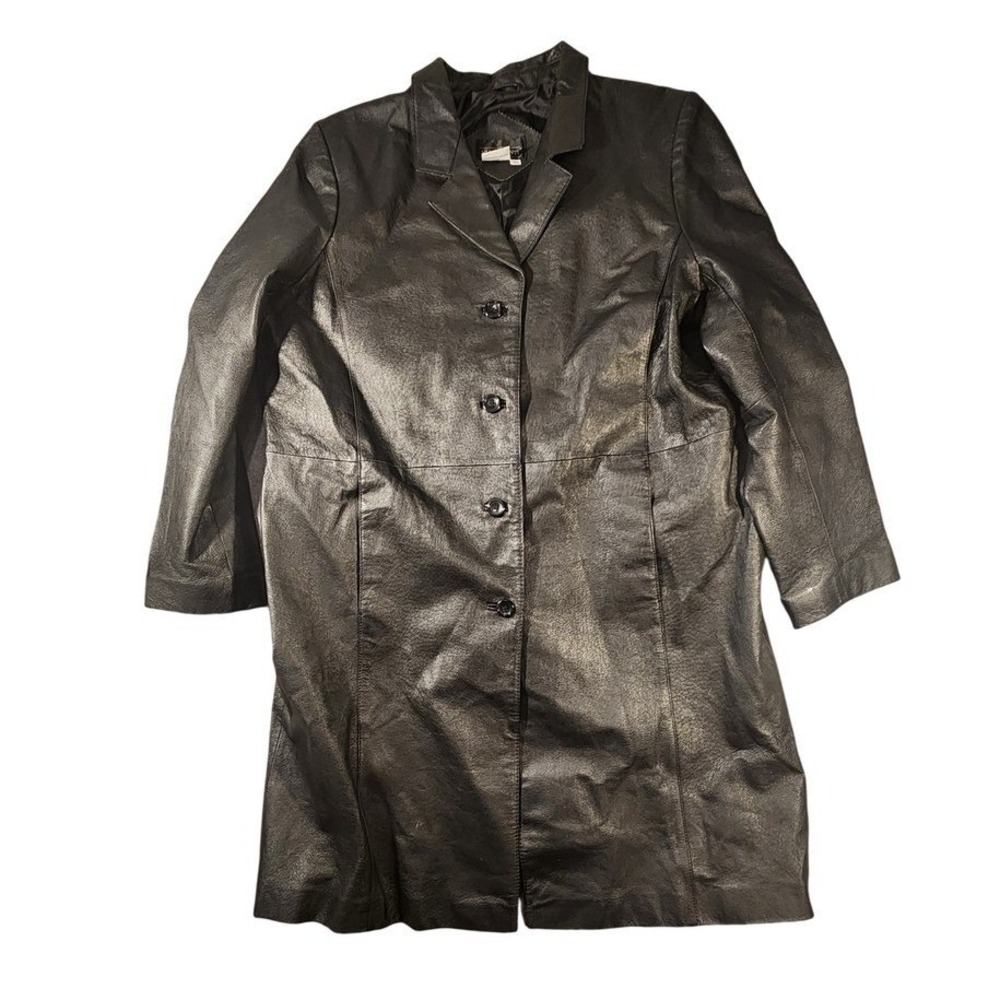 Via Accenti Leather Coat Womens A8 Black Button Front Long Lined Overcoat‎